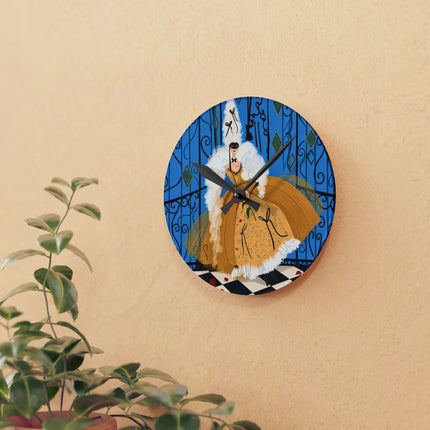 🎭🌹 The Lady Of The Golden Masquerade Acrylic Wall Clock – Art Deco Fashion Elegance