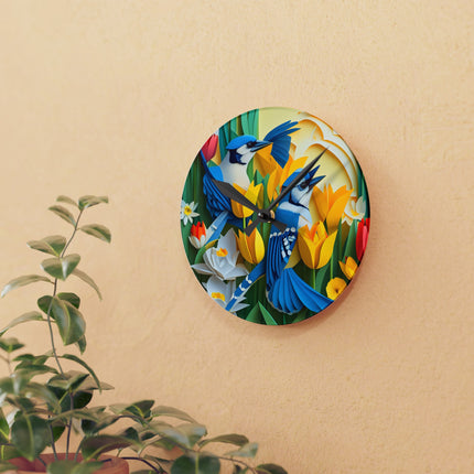 Blue Jays in a Spring Garden Acrylic Wall Clock, Round and Square