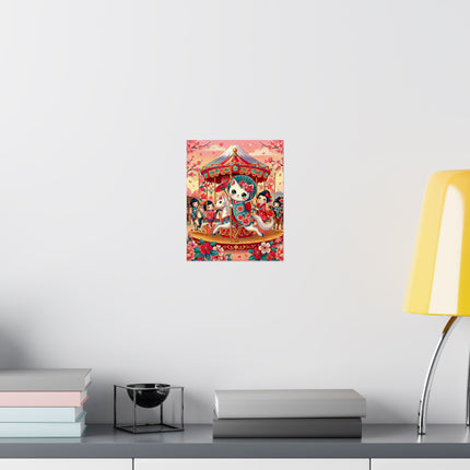 🎠🌸 Geisha Kitten's Enchanted Carousel Ride Matte Vertical Poster – Whimsical Dreams & Cherry Blossom Magic