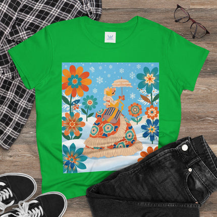 🌼❄️ The Winter Parasol Lady Cotton Tee – Art Deco Floral Fantasy