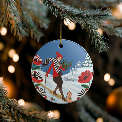 🎿🎄 The Christmas Holly Skier Ceramic Ornament – Whimsical Holiday Fantasy