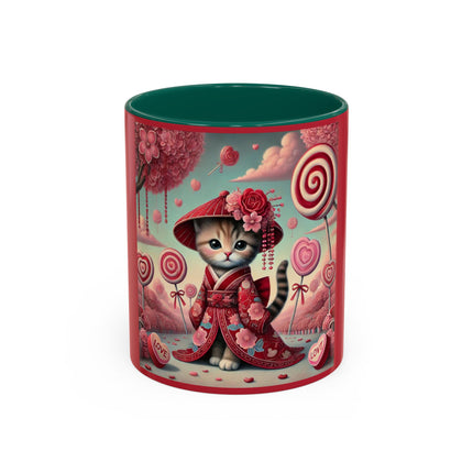 Whimsical Geisha Kitten in a Valentine Garden Colorful Mugs (11oz, 15oz)