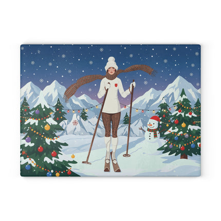 🎿🎄 The Christmas Mountain Skier Glass Cutting Board – Art Deco Winter Holiday Adventure