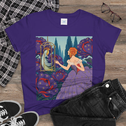 🦜💜 The Enchanted Birdcage Promenade Cotton Tee – Art Deco Floral Fantasy