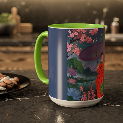 The Lady Of The Cherry Blossoms Colorful Mugs – Art Deco Spring Elegance