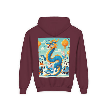 Blue & Gold Dragon Festival Parade Youth Hooded Sweatshirt – Joyful Celebration & Cultural Magic