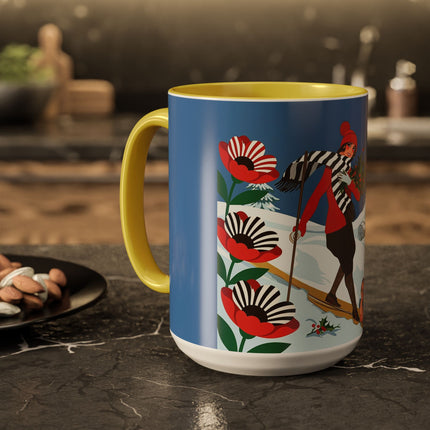 🎿🎄 The Christmas Holly Skier Colorful Mug – Whimsical Holiday Fantasy