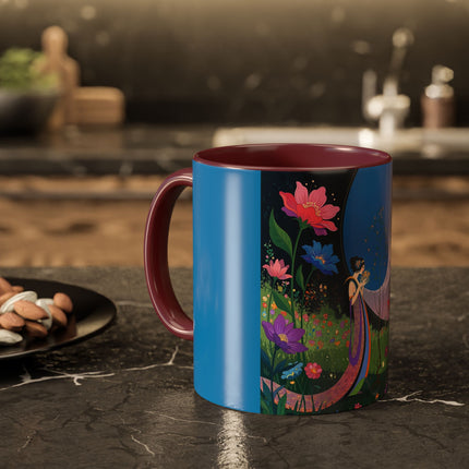 The Lady And The Moonlit Peak Colorful Mugs – Art Deco Alpine Garden Elegance