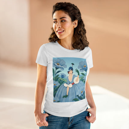 💙🌼 The Blue Blossom Garden Belle Cotton Tee – Art Deco Floral Whimsy