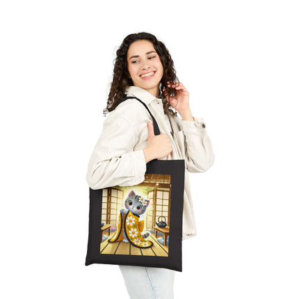 Playful Kitten in the Tea Room Cotton Canvas Tote Bag – Curious Charm & Cozy Whimsy