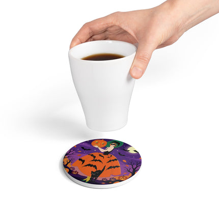 🎃🌕 The Pumpkin Moon Enchantress Ceramic Coaster – Elegant Halloween Masquerade