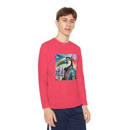 Cyber Toucan Chic Youth Long Sleeve Competitor Tee – Neon Feathers & Futuristic Style