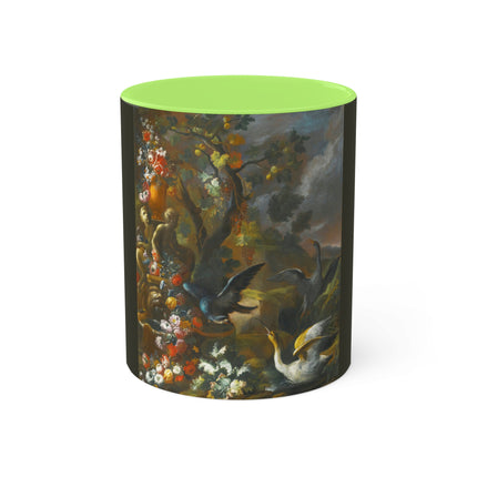 Still Life With Birds Beside An Ornate Fountain by Nicola Casissa Colorful Mugs, 11oz