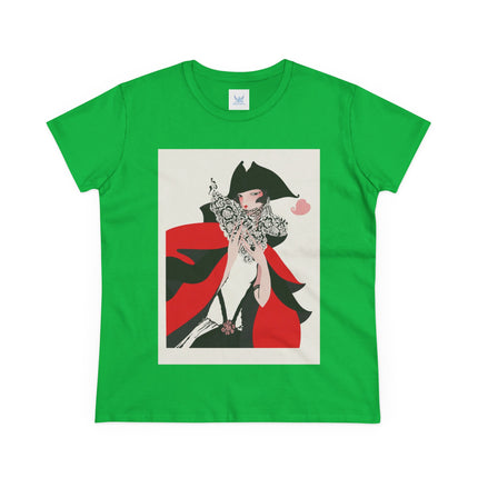 Crimson Masquerade Women's Midweight Cotton Tee – Dramatic Elegance & Art Deco Mystery