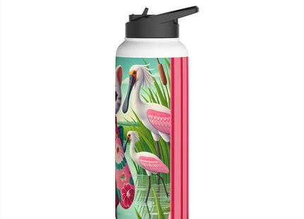 Geisha Kitten Strolls Among the Spoonbills Stainless Steel Water Bottle, Standard Lid