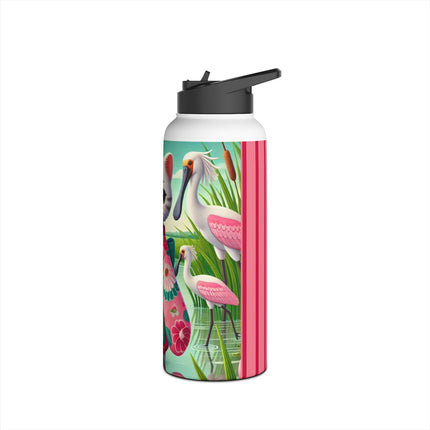 Geisha Kitten Strolls Among the Spoonbills Stainless Steel Water Bottle, Standard Lid