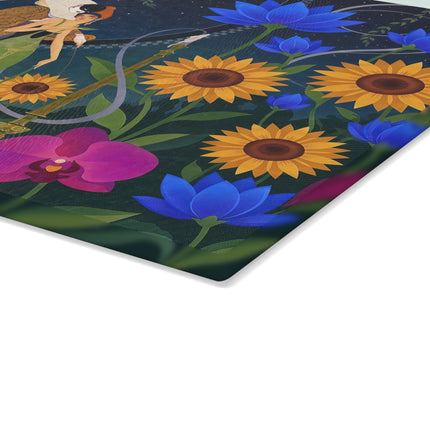 🌻🌙 The Midnight Sunflower Garden Glass Cutting Board – Art Deco Floral Fantasy