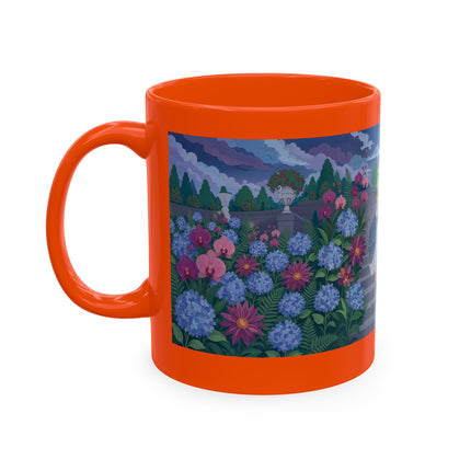 🦚🌸 The Lady & The Peacock On The Garden Steps Ceramic Mug – Art Deco Garden Elegance
