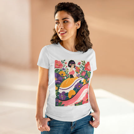 🌸💜 The Girl With The Flower Bouquet Cotton Tee – Art Deco Floral Whimsy