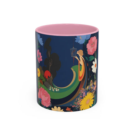 The Lady And The Crimson Moonbird Colorful Mugs – Art Deco Whimsical Garden Elegance
