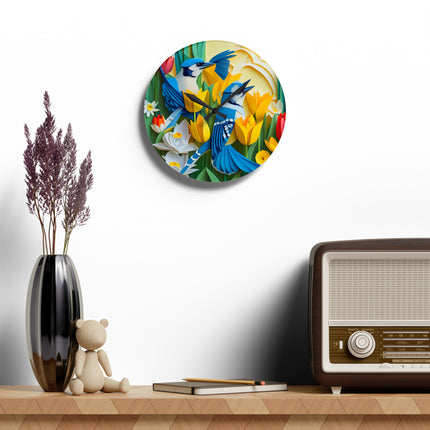 Blue Jays in a Spring Garden Acrylic Wall Clock, Round and Square