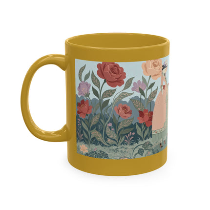 🐈🥾 The Lady & Puss In Boots In The Flower Garden Ceramic Mug – Art Deco Storybook Whimsy