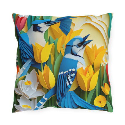 Blue Jays in a Spring Garden Outdoor Pillows