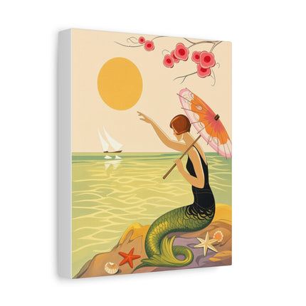 🧜‍♀️☂️ The Mermaid With The Parasol Matte Canvas – Art Deco Seaside Fantasy