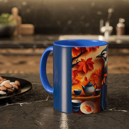 Blue Jay at an Autumn Tea Ceremony Colorful Mugs (11oz, 15oz)