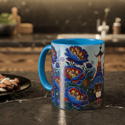 💙🌺 The Sapphire Blossom Garden Dancer Colorful Mug – Art Deco Fashion Fantasy