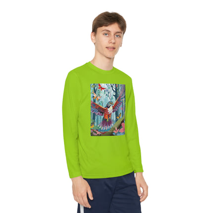 A Colorful Raptor Youth Long Sleeve Competitor Tee – Dino Adventure & Forest Wonder