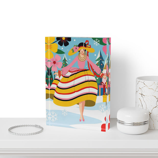 🌼🎄 The Christmas Blossom Belle Acrylic Art Block – Colorful Art Deco Holiday Fantasy