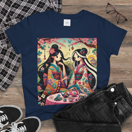 Fairies in Kimonos at Tea Among Blossoms Cotton Tee