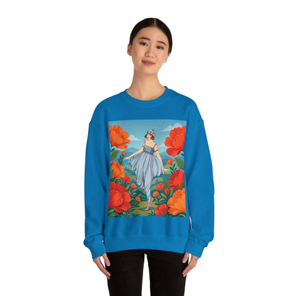 🌺🩵 The Poppy Hill Promenade Crewneck Sweatshirt – Art Deco Fashion Whimsy