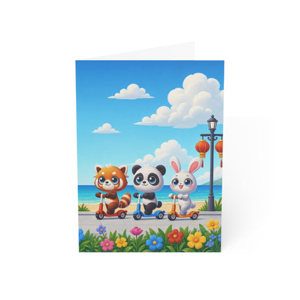 🐉🛴 The Dragon Day At The Seaside Greeting Card – Whimsical Animal Adventure