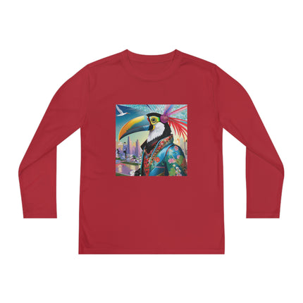 Cyber Toucan Chic Youth Long Sleeve Competitor Tee – Neon Feathers & Futuristic Style
