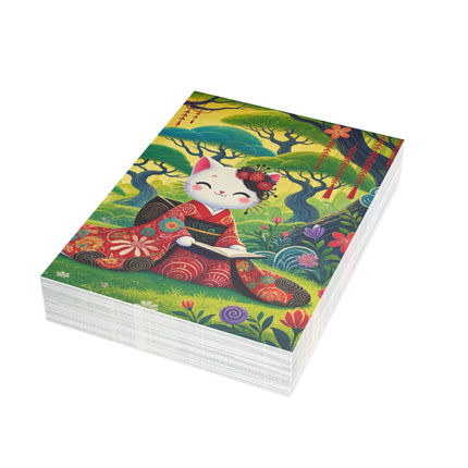 📖🌺 The Enchanted Garden Reader Kitten Greeting Card – Whimsical Japanese Garden