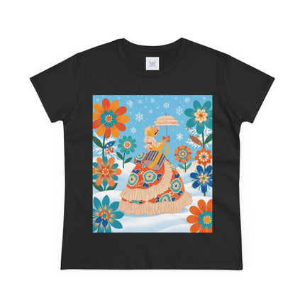 🌼❄️ The Winter Parasol Lady Cotton Tee – Art Deco Floral Fantasy
