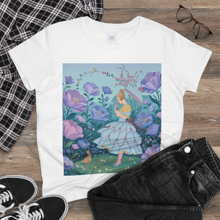 🌸🐇 The Secret Blossom Garden Cotton Tee – Art Deco Spring Whimsy