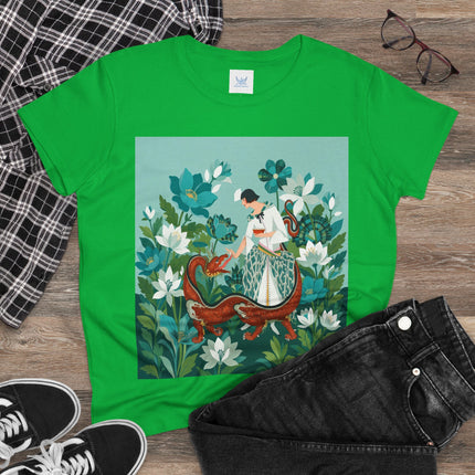 🐉🌿 The Dragon Keeper Cotton Tee – Art Deco Floral Fantasy