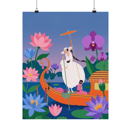 🪷🛶 The Lady Of The Lotus Lake Matte Vertical Poster – Art Deco Botanical Fantasy