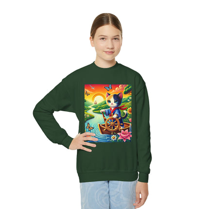 Sailor Kitten’s River Adventure Youth Crewneck Sweatshirt – Exploration, Joy & Storybook Adventure