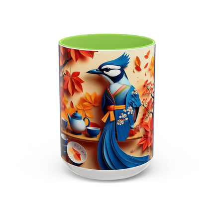 Blue Jay at an Autumn Tea Ceremony Colorful Mugs (11oz, 15oz)