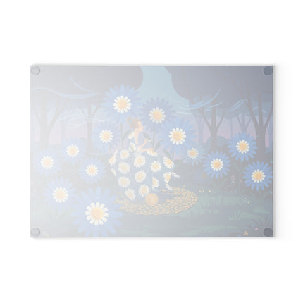 🌼🧶 The Lady Of The Blue Daisy Garden Glass Cutting Board – Art Deco Floral Elegance