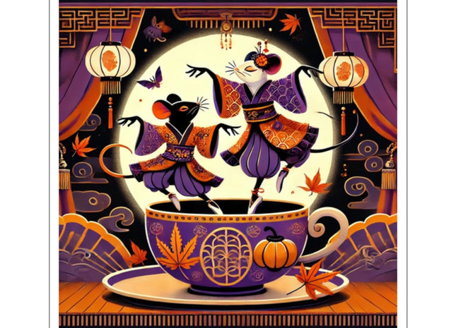 Theatrical Halloween Kabuki Mice on Teacup Kiss-Cut Stickers (4 Sizes)
