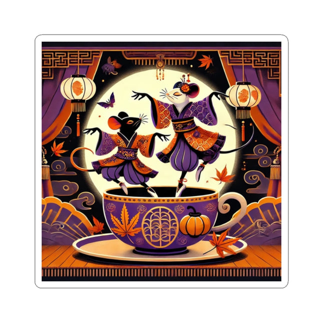 Theatrical Halloween Kabuki Mice on Teacup Kiss-Cut Stickers (4 Sizes)