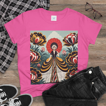 ❤️🌺 The Scarlet Parasol Garden Cotton Tee – Art Deco Floral Elegance