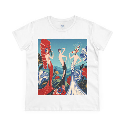 🌹🎭 The Three Ladies Of The Floral Promenade Cotton Tee – Art Deco Fashion Elegance