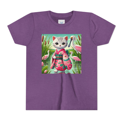 Geisha Kitten Strolls Among the Spoonbills Youth Short Sleeve Tee