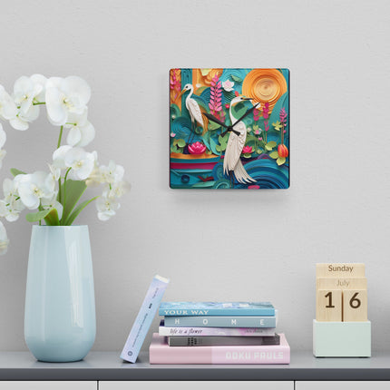 Elegant Egret Oasis Acrylic Wall Clock, Square